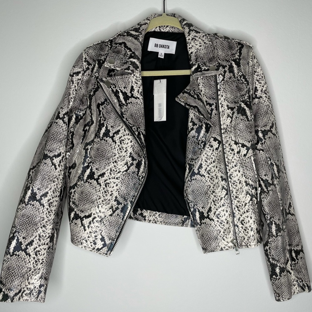 Faux Leather Snake Print Biker Jacket